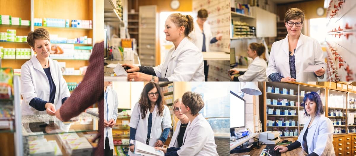 Elisen-Apotheke Cottbus – Das Team Das Bild zeigt verschiedene Szenen aus der Elisen-Apotheke im Ärztehaus Cottbus-Nord. Es zeigt Apothekerinnen bei der Arbeit, bei der Beratung von Kunden, bei der Überprüfung von Rezepten und bei der Zusammenarbeit im Team. Die Atmosphäre wirkt freundlich und professionell. Die Bilder vermitteln ein Gefühl von Kompetenz und Sorgfalt, die in einer Apotheke wichtig sind. Die Farbgebung ist warm und einladend, was zu dem positiven Gesamteindruck beiträgt. Das Bild ist gut komponiert und zeigt die Apotheke und ihre Mitarbeiterinnen in einem positiven Licht.